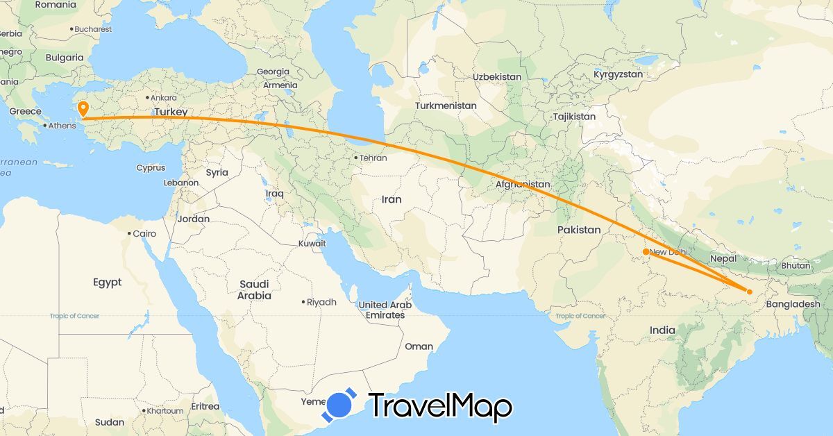 TravelMap itinerary: driving, hitchhiking in India, Turkey (Asia)